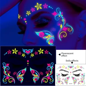 8pcs Temporary Sexy Neon Glow Dark Face Tattoos Stickers Fluorescent Butterfly Moon Star UV Light Flash Face Body Sticker