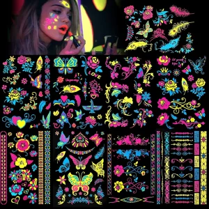 9 Sheets Neon Temporary Tattoos Shimmer Designs Glow UV Neon Glow in the Dark Flash Waterproof Tattoo Stickers Kits