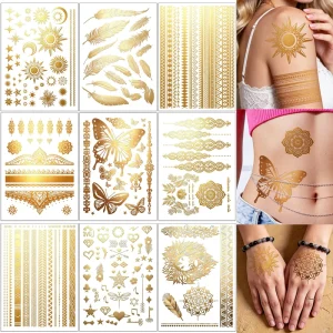 9 Sheets Rose Butterfly Temporary Tattoo Stickers Gold Silver Foil Water Transfer Tattoo Kit