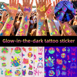 90s Retro Pop Art Tattoo Sticker Vibrant Fluorescent Cassette Boombox Disco Techno Bright Colors Temporary Body Art Decals
