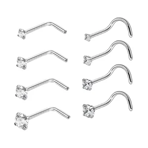 925 Sterling Silver L Shaped Cz Nose Rings Body Piercing Jewelry for Women