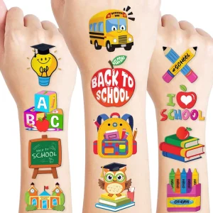 96 PCS Back to School Pre Cut Temporary Tattoos for Kids Super Cute Themed Birthday Party Favors Supplies Decorations