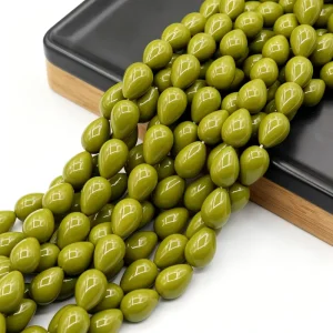 9x13mm Olive Green Teardrop Lacquered Glass Beads Smooth Glossy Loose Beads for DIY Jewelry and Beading Projects