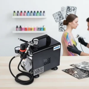 AS18BK Portable Piston Airbrush Tattoo Hobby Tool Set Mini Air Compressor with Cover Adjustable Pressure 0.3mm Nozzle