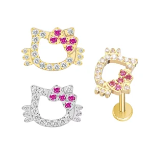 ASTM F-136 CZ Titanium Children’s Hello Cat Internally Threaded Top Helix Ear Ring Nose Rings Labret Piercing Body Jewelry