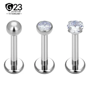 ASTM F136 6AI-4V ELI Titanium Internally Threaded Push In Labret Piercing Stud Monroe Lip Cubic Zirconia Piercing