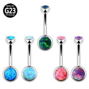 ASTM F136 G23 Titanium Body Piercing Jewelry Internally Threaded Double Bezel Set Opal Stone Navel Belly Button Rings