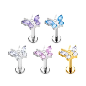 ASTM F136 G23 Titanium Internal Threaded Butterfly Zircon Inlay Nose Stud Earring Tragus Helix Daith Women Body Piercing Jewelry