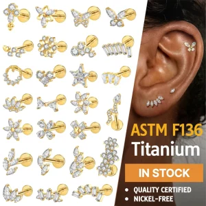 ASTM F136 Implant Grade Titanium Flower Heart Internally Threaded Labret Helix Tragus Lip Earrings Wedding Body