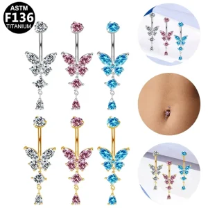 ASTM F136 Titanium 14G Dangle Butterfly CZ Gems Belly Button Ring Cubic Zirconia Drop Pendant Navel Nail Body Piercing Jewelry