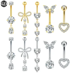 ASTM F136 Titanium 14G Dangle CZ Gem Belly Button Ring Cubic Zirconia Drop Pendant Navel Nail Body Piercing Jewelry