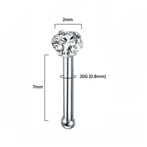 ASTM F136 Titanium 20G 3 Prong Set CZ Nose Piercing Stud 6mm Length