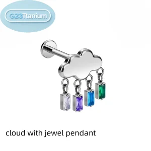 ASTM F136 Titanium Alloy Body Piercing Jewelry Cloud with Jewel Pendant Internally Threaded Fashion Ear Studs