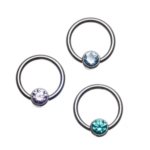 ASTM F136 Titanium CBR Jeweled Captive Bead Ring with Bezel Set ROUND PURE BRILLIANCE CUT CZ Gem