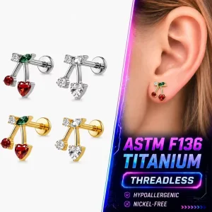 ASTM F136 Titanium Cherry Heart Cubic Zirconia Threaded Flat Back Labret Stud Helix Tragus Cartilage Ear Piercing Jewelry