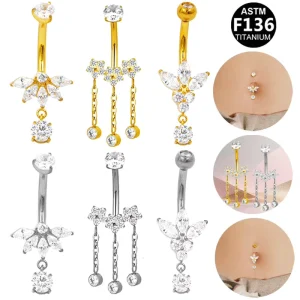 ASTM F136 Titanium Clover Navel Ring Zircon Inlaid Butterfly Pendant Belly Piercing Jewelry