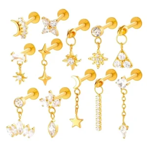 ASTM F136 Titanium Flat Back Studs Zircon Gold Plated Internally Threaded Earrings