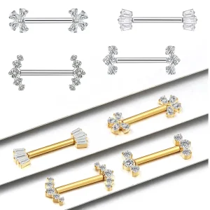 ASTM F136 Titanium Flower Shaped Threadless Nipple Ring with Zircon Claw Setting 14mm Length Body Jewelry