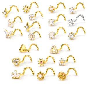 ASTM F136 Titanium Gold Nose Studs Screw 20G CZ Flower Star Heart Crown L Shape Nose Ring For Women