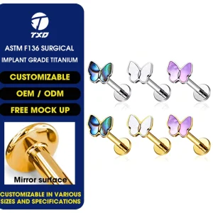 ASTM F136 Titanium Gold Plated Shell Butterfly Flat Back Labret Earrings