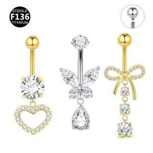 ASTM F136 Titanium Internal Thread CZ Belly Button Rings 14G Butterfly Heart Water Drop Navel Piercing Jewelry