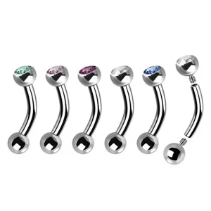 ASTM F136 Titanium Internal Threaded Curved Barbell Eyebrow Ring with Bezel-Set Crystal Gem Ball