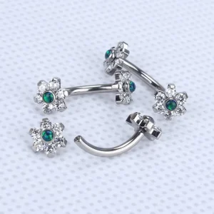 ASTM F136 Titanium Internal Threaded Curved Barbell with 6-Petal Jeweled Flower Ends