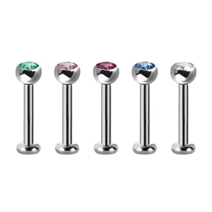 ASTM F136 Titanium Internal Threaded Piercing Jeweled Flatback Labret with Bezel Set Crystal Gem Ball
