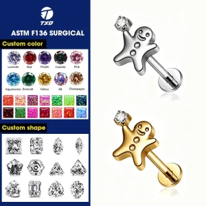 ASTM F136 Titanium Jewelry Lip Stud Snowman Zircon Body Piercing Jewelry Flat Back Posts Labret