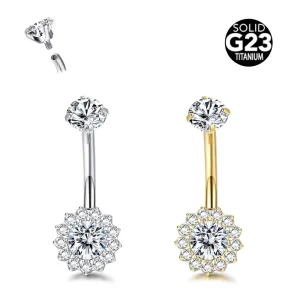 ASTM F136 Titanium Navel Ring Flower Full Cubic Zirconia Belly Ring G23 Body Piercing Jewelry