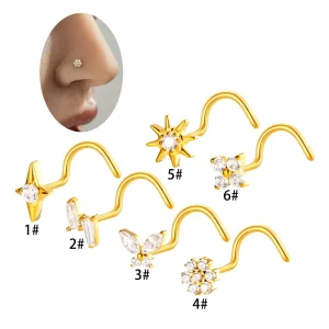 ASTM F136 Titanium Nose Stud CZ Geometry Butterfly Flower Nasal Septum Jewelry S-shaped Nostril Piercing