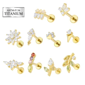 ASTM F136 Titanium Threadless Ends Flat Back Earring Labret Lip Stud Flower Leaf CZ Cartilage Body Piercing Jewelry