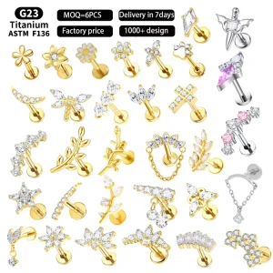 ASTM F136 Titanium Zircon De Titanio Tragus Helix Daith Lobe Flat Back Earrings Internal Thread Labret Piercing Jewelry