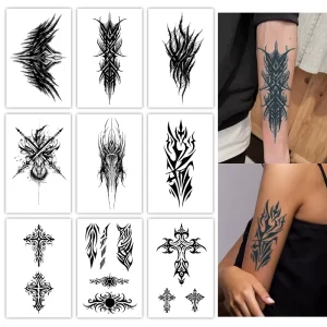 Abstract Dark Gothic Ornamental Temporary Tattoo Cross Semi Permanent Tattoo Waterproof Last for 2 Week Herbal Tattoo for Arm