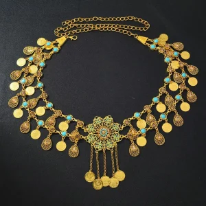 Adjustable Belly Chain Accessories Rhinestone Floral Center Decor With Coin and Teardrop Tassel Boho Waist Chain