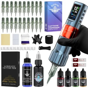Adjustable Stroke Tattoo Machine with Hollow Cup Motor Cordless Battery Pen and Complete Tattoo Kit Model ATK 2537