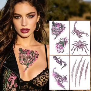 Aesthetic Leopard Print Temporary Tattoo Sticker with Purple Glitter for Women