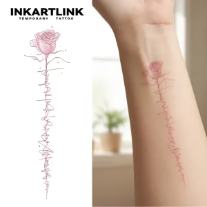 Aesthetic Pink Rose Temporary Tattoo Sticker Fine Line Floral Body Art for Women Waterproof Fake Tattoo Bulk Buy