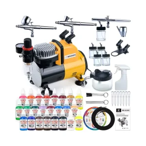 Airbrush Kit with Compressor, 3 Dual-Action Airbrush Guns with 24 Airbrush Paints (30 Ml/1 Oz), Cleaning Kits