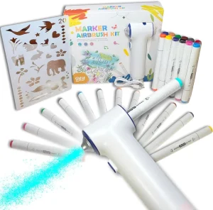 Airbrush Marker Sprayer Set for Kids 12 Colors Washable Markers with Stencils Arts & Crafts Kit