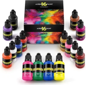 Airbrush Paint 16 Colors 30ml Acrylic Ready to Spray Opaque Neon Water-Based Airbrush Paint Kit for Models Canvas Leather