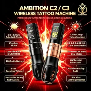 Ambition C2 C3 2.0 4.2mm Adjustable Stroke Professional Wireless Tattoo Machine Pen Gun for Beginners Body Art Permanent Makeup