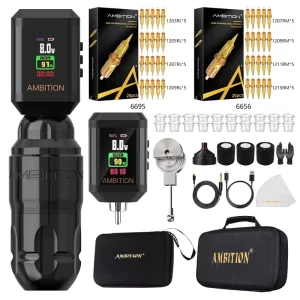 Ambition Lutin Brushless Motor 3.5/4.0mm Stroke Professional Rotary Tattoo Pen Gun Machine Full Kit Set with RCA Tattoo Battery