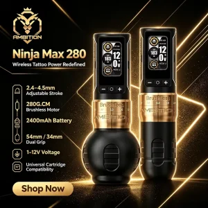 Ambition Ninja Max 280 2.4 4.5mm Adjustable Stroke Professional Wireless Tattoo Machine Pen Gun with 54mm 34mm Dual Grip