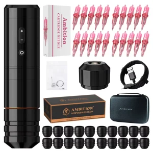 Ambition Ninja Nova 3.5mm 4mm Stroke Brushless Motor Professional Wireless Tattoo Pen Machine Kit with 20PCS Cartridge and Grip
