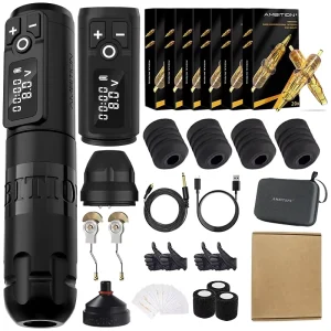 Ambition Soldier 2400mAh Digital Display Professional Wireless Rotary Tattoo Pen Machine Complete Full Kit Set with 40pc Needle