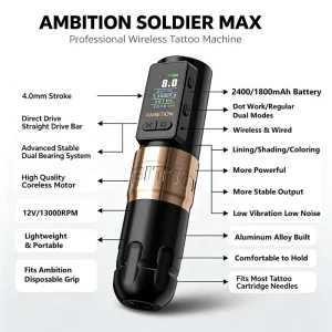 Ambition Soldier Max 2400mAh Direct Drive Double Bearing System Professional Wireless Tattoo Gun Machine Pen for Tattoo Artists