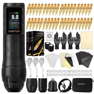 Ambition Vibe Max 2.5 3.5 4.0 4.5mm Stroke Professional Wireless Tattoo Pen Machine Full Complete Set Kit with 40pcs Cartridges