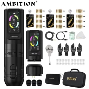 Ambition Zetton 3.5/4mm Stroke Brushless Motor Tattoo Gun Set Wireless Tattoo Machine Pen Complete Full Kit with 60pcs Cartridge