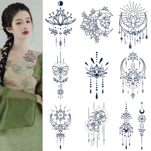 Ancient New Chinese Style Herbal Juice Tattoo Waterproof Temporary Last 1-2 Weeks Dark Blue Semi Permanent Tattoo Sticker